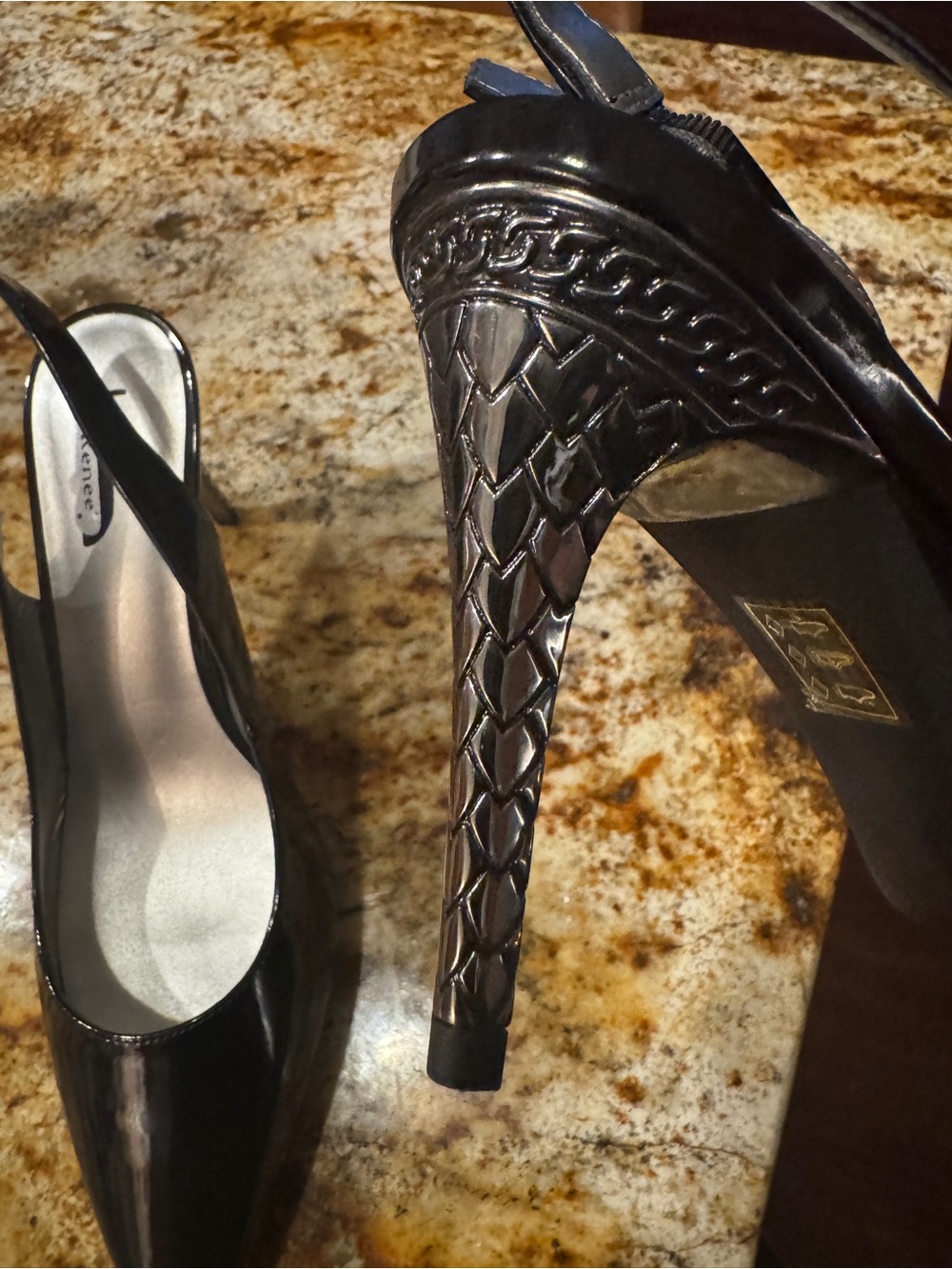 J.Renee Black Patent Slingback Pumps with Decorative Textured Stiletto